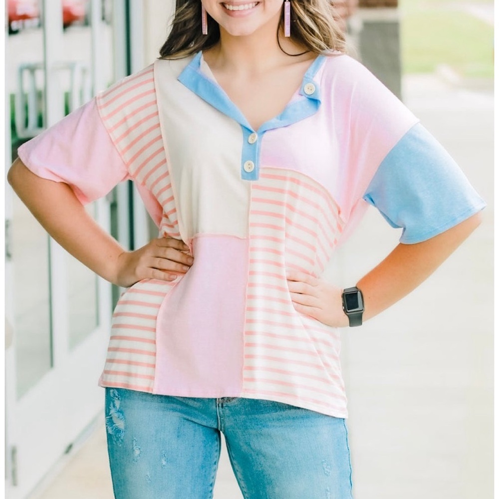 BiBi pastel pink & blue short sleeve Henley top